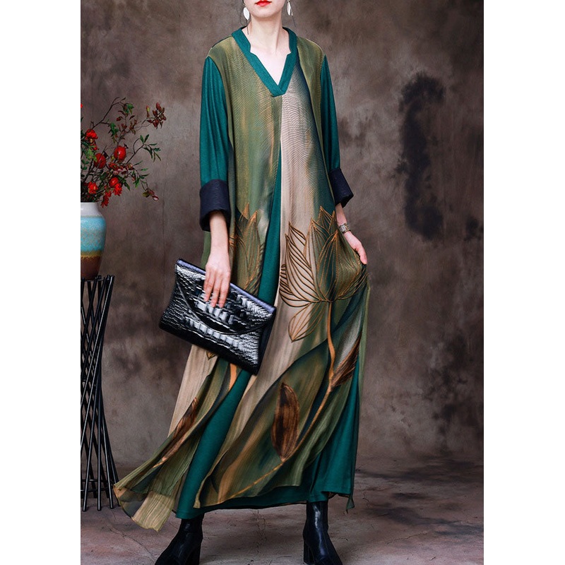 Women Green V Neck Patchwork Layered Silk Vacation Dresses Bracelet Sleeve