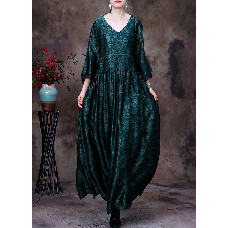 Women Green V Neck Wrinkled Print Silk Maxi Dresses Bracelet Sleeve