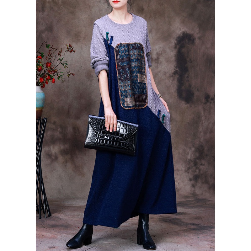 Women Grey Blue Patchwork Oriental Button Knit Sweater Dress Long Sleeve