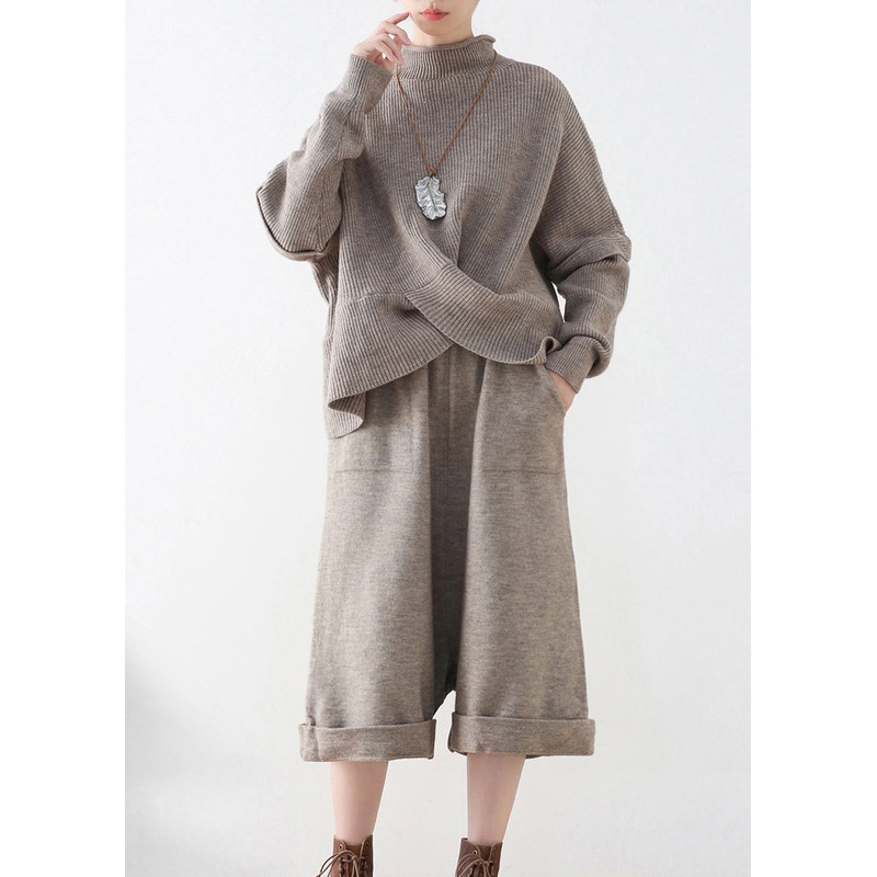 Women Khaki Turtleneck Knit Sweaters And Crop Pants Two Pieces Set Fall