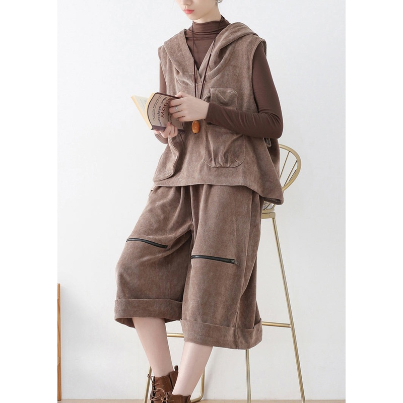 Women Khaki Velour Hooded Waistcoat And Crop Pants Two Pieces Set Fall