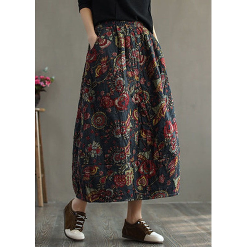 Women Red Elastic Waist Patchwork Print Fine Cotton Filled Skirt Winter