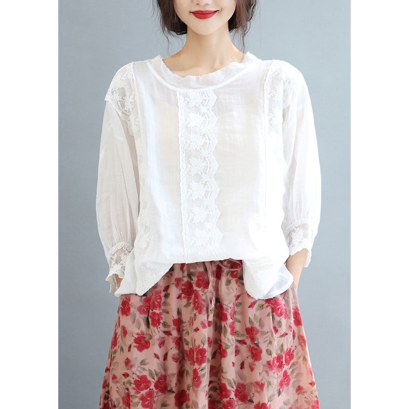 Women White O-Neck Oversized Linen Blouse Tops Bracelet Sleeve