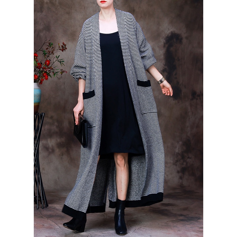 Women White V Neck Pockets Striped Knit Trench Coats Long Sleeve