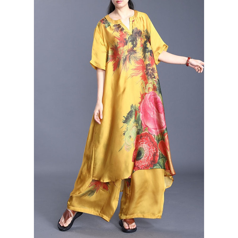Yellow Floral Print Silk Two Piece Set Asymmetrical Design Short Sleeve