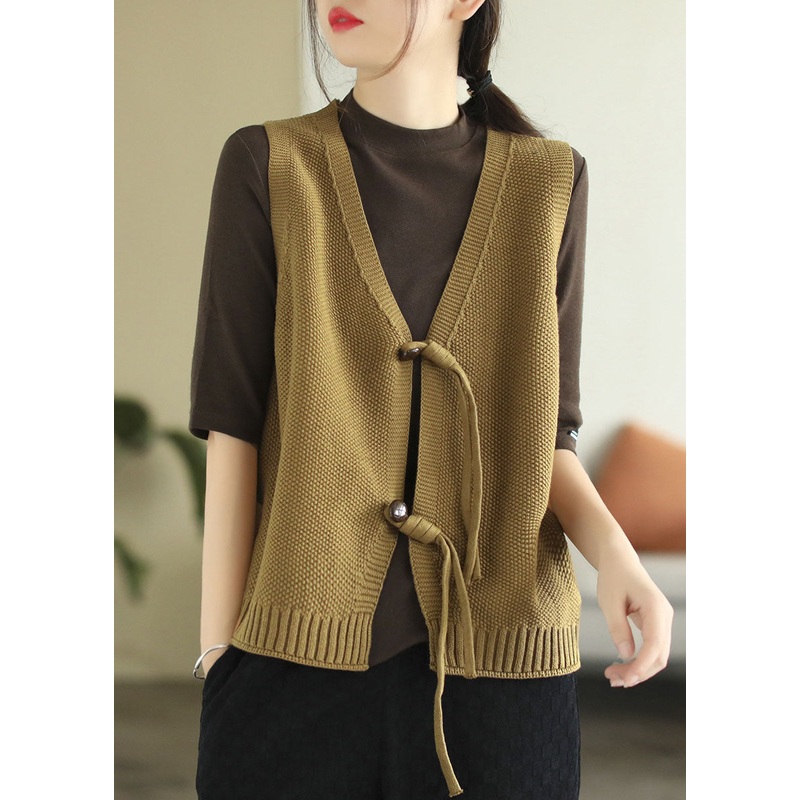 Yellow Knit Vest Tops V Neck Oriental Button Sleeveless