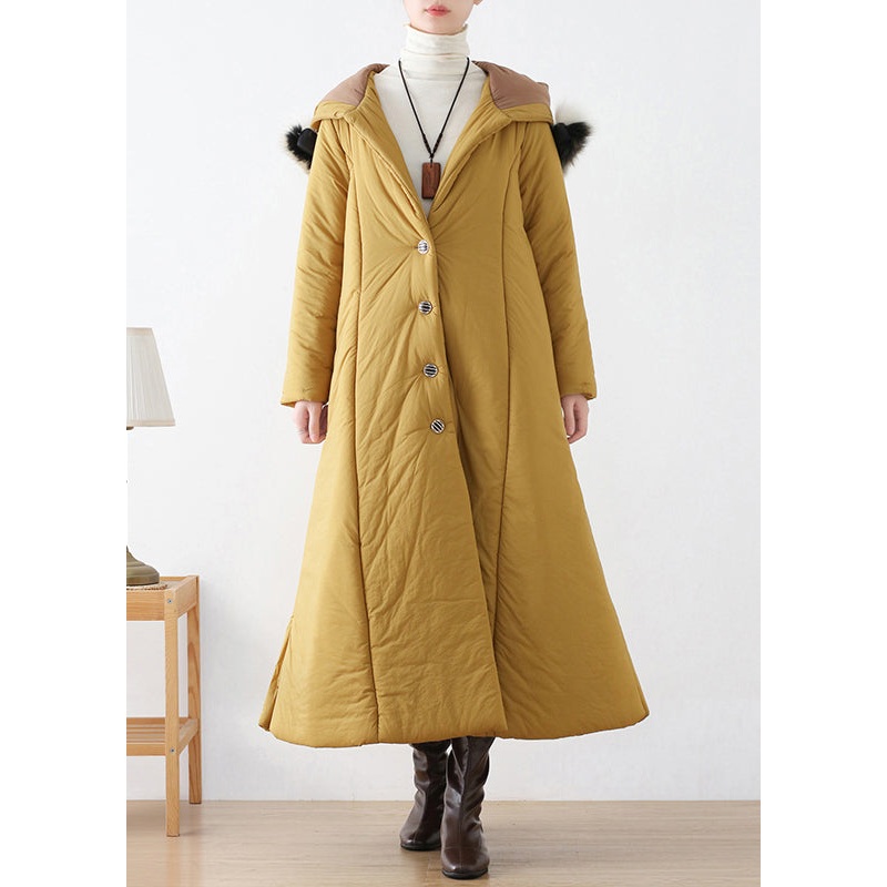 Yellow Side Open Hooded Long Parka Winter