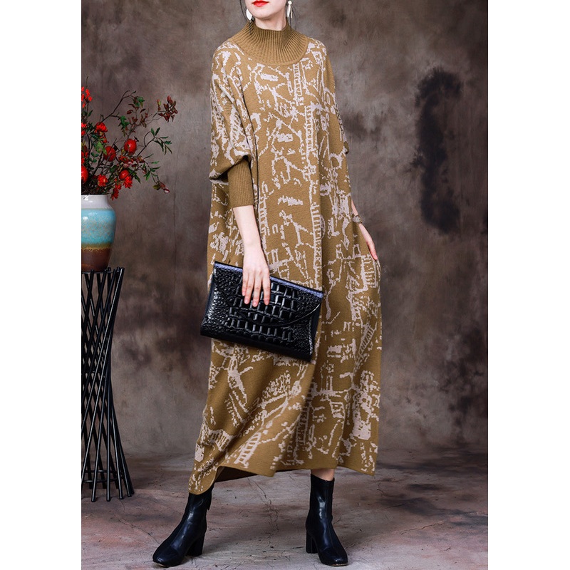 Yellow Turtleneck Print Knit Maxi Dress Batwing Sleeve