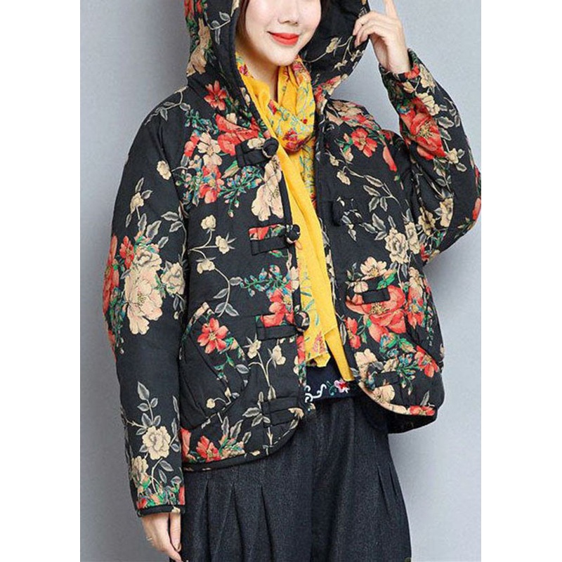 Art Black Hooded Pockets Print Fine Cotton Filled Womens Coats Winter