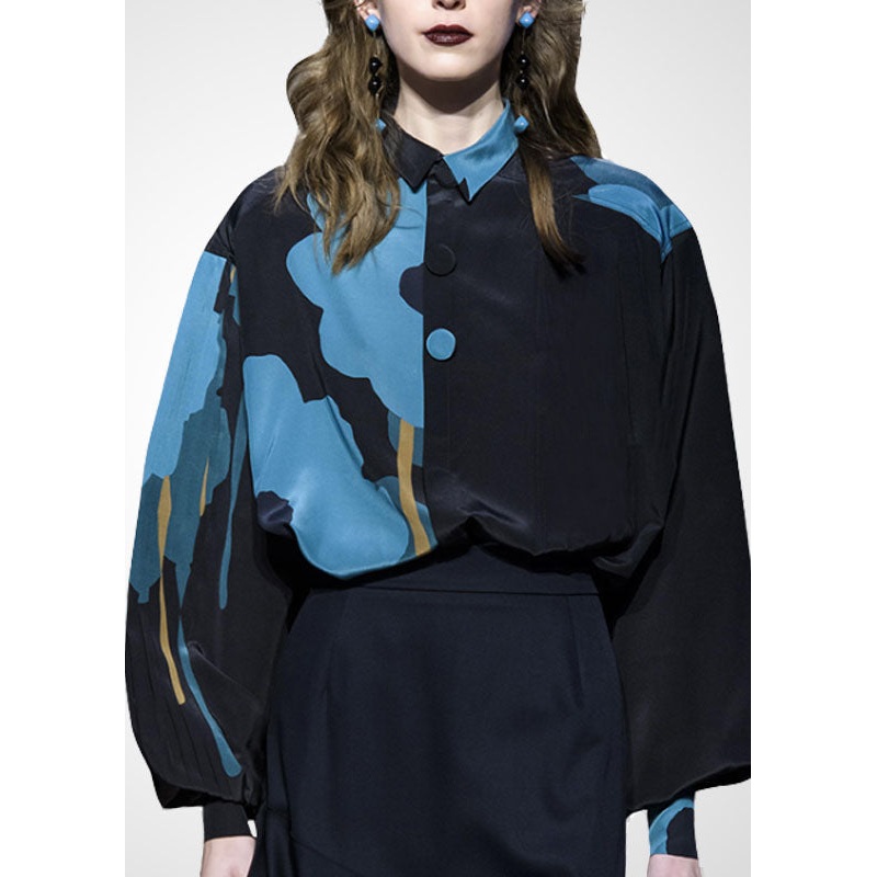 Art Black Peter Pan Collar Asymmetrical Print Blouse Tops Spring