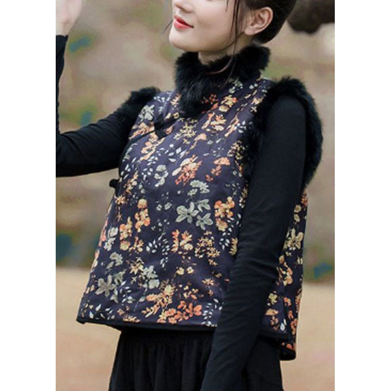 Art Black Rabbit Hair Collar Patchwork Print Fine Cotton Filled Vest Winter