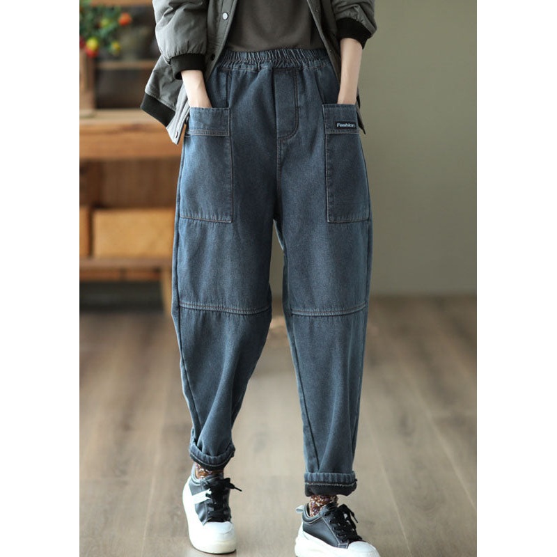 Art Blue Elastic Waist Patchwork Thick Warm Fleece Denim Pants Trousers Winter