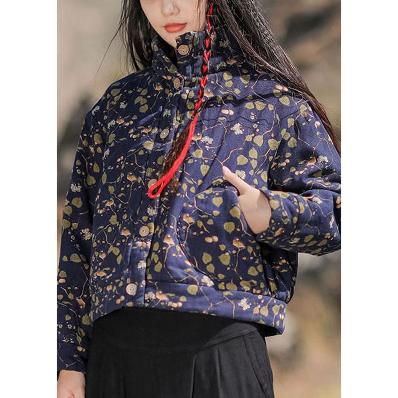 Art Blue Stand Collar Print Fine Cotton Filled Jacket In Winter