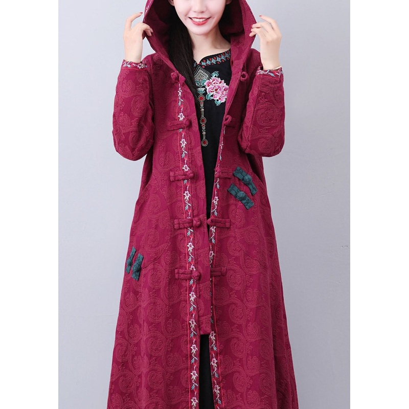 Art Brick Red Hooded Embroidered Jacquard Long Coat Fall