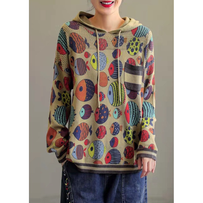 Art Khaki Hooded Print Knit Sweatshirt Streetwear Winter
