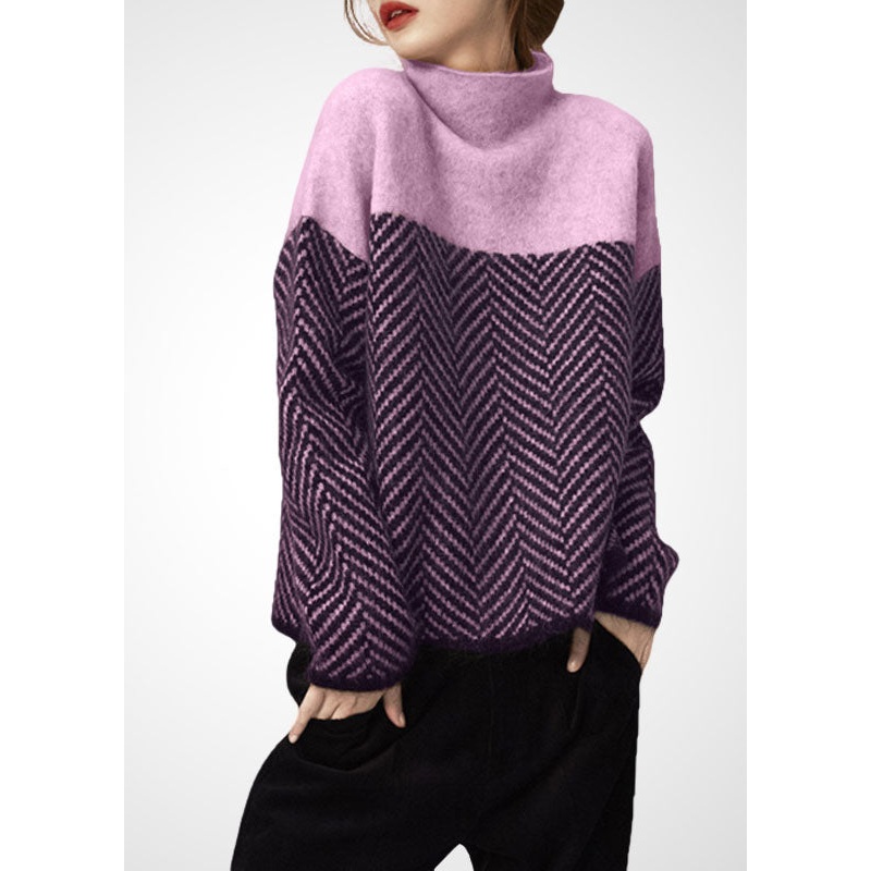 Art Purple High Neck Oversized Patchwork Wool Short Sweater Winter