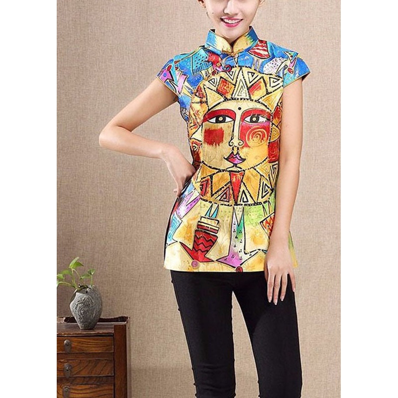 Art Yellow Mandarin Collar Slim Fit Sun People Print Tops Short Sleeve