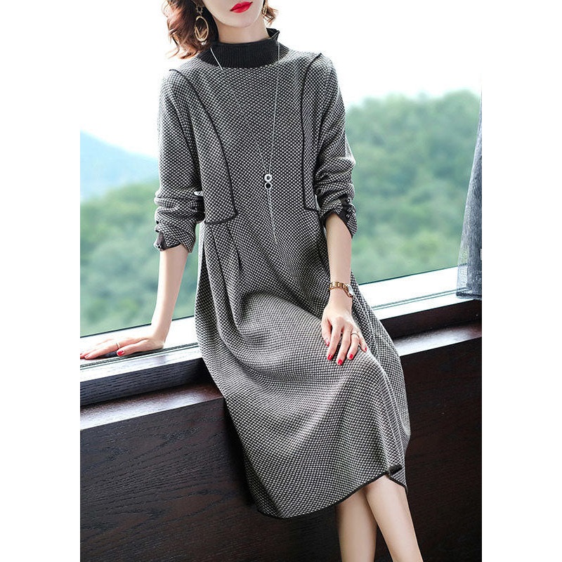 Beautiful Black High Neck Plaid Wrinkled Knitted Long Dress Winter