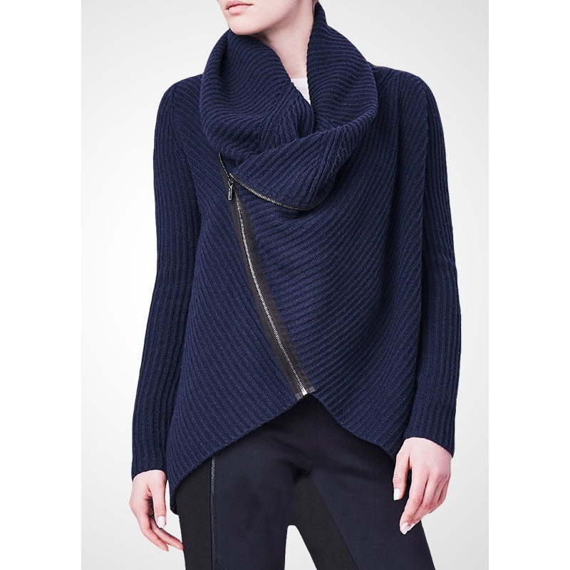 Beautiful Navy Turtle Neck Asymmetrical Zippered Knit Sweater Tops Winter