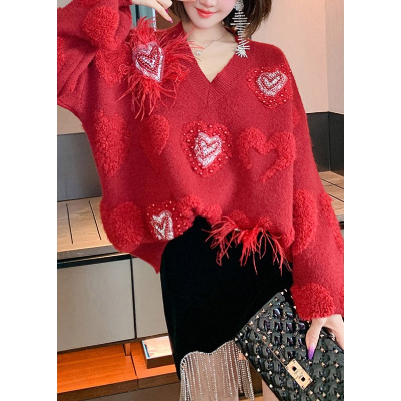 Beautiful Red V Neck Loving Heart Nail Bead Thick Knit Sweater Fall