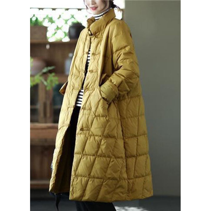 Beautiful Yellow Stand Collar Oriental Button Solid Duck Down Puffer Coat Winter