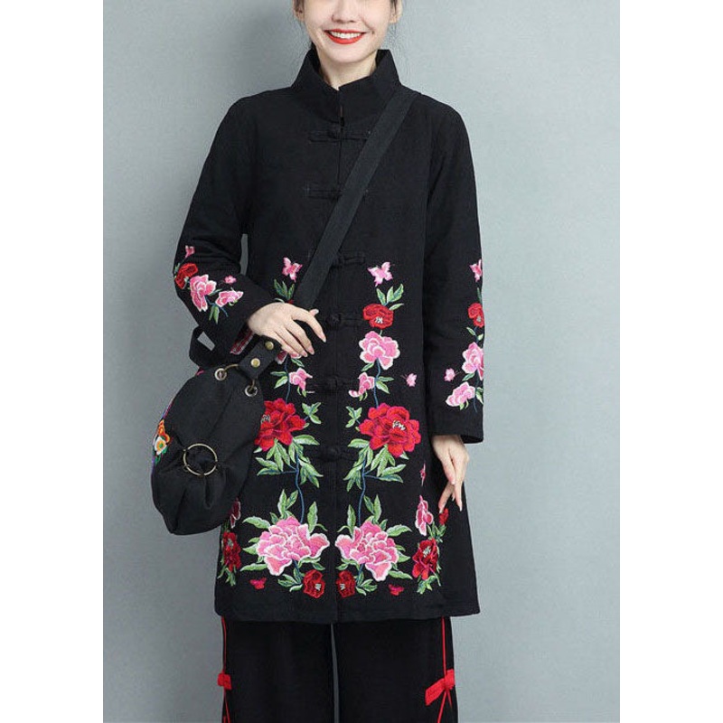Black Cotton Coats Embroideried Oriental Button Fall