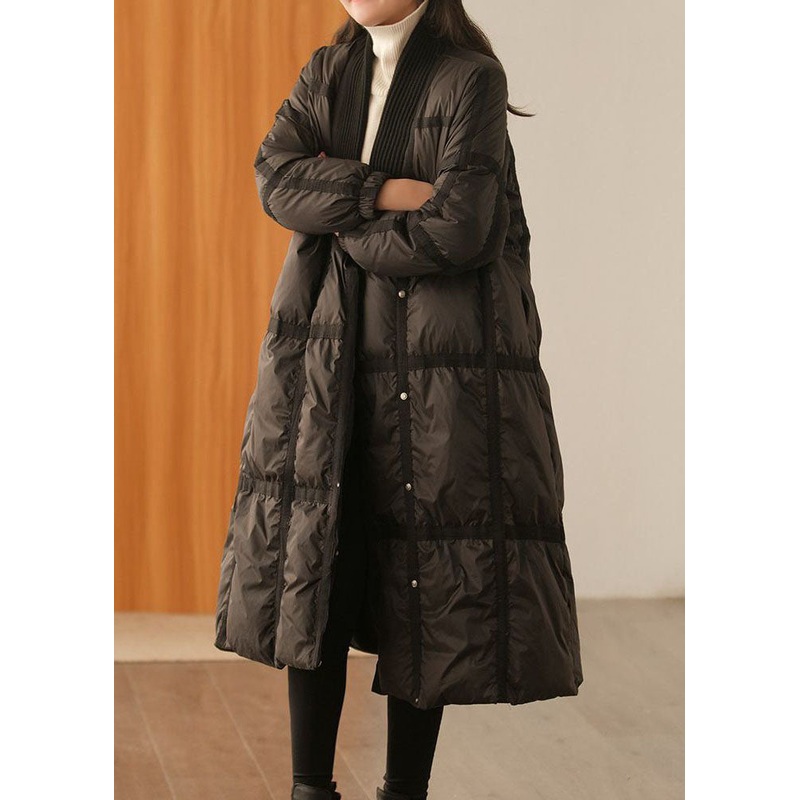 Black Patchwork Thick Duck Down Down Coat Oversized Solid Winter