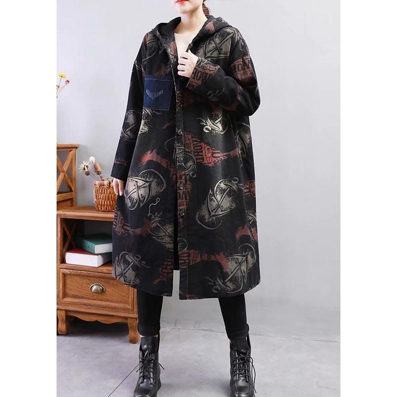 Black Print Fine Cotton Filled Coat Hooded Thick Winter