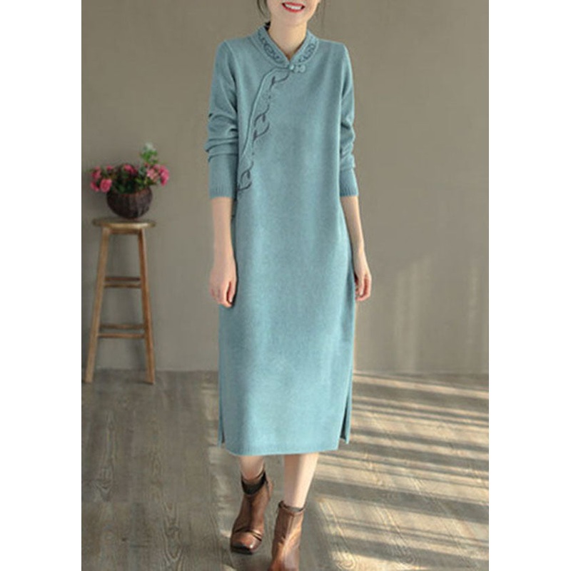 Blue Oriental Long Knit Dress Embroideried Side Open Winter