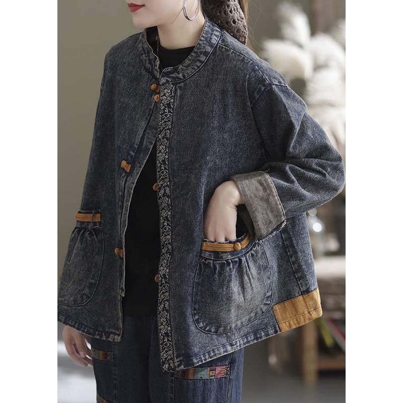 Blue Patchwork Cotton Denim Coats Stand Collar Oriental Button Fall