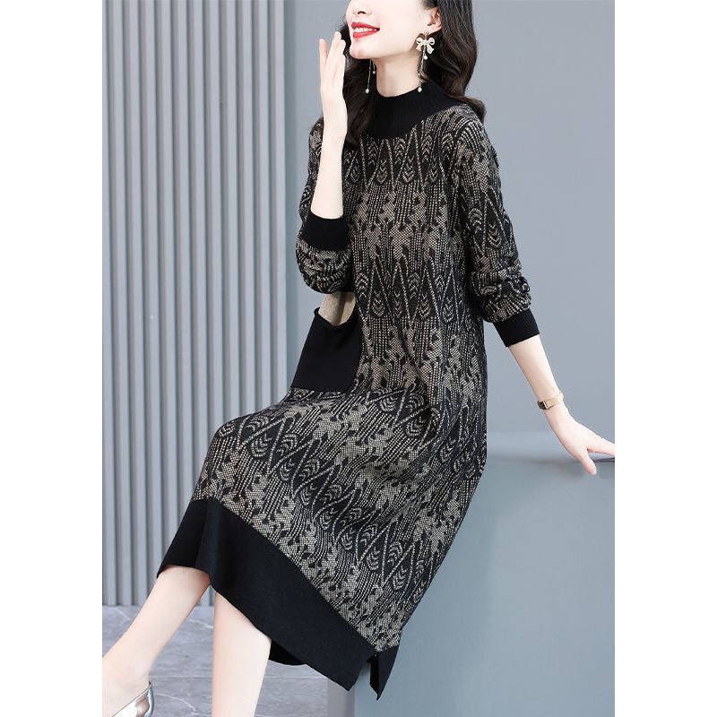 Bohemian Black High Neck Patchwork Jacquard Wool Knit Sweater Dress Winter