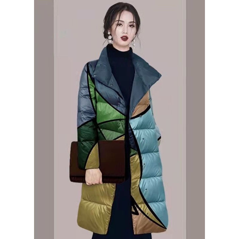 Bohemian Colorblock Stand Collar Print Fine Cotton Filled Puffers Jackets Winter