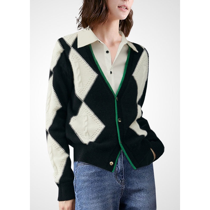 Bohemian Colorblock V Neck Patchwork Plaid Wool Knit Cardigan Winter