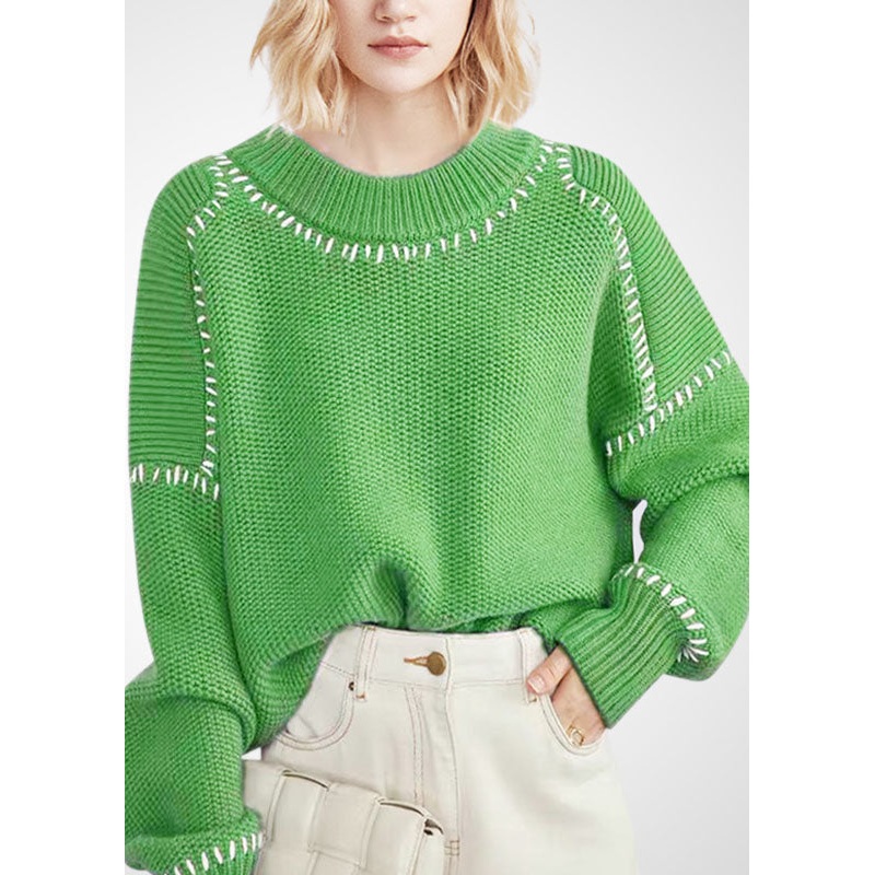 Bohemian Green O-Neck Oversized Thick Wool Short Sweater Winter