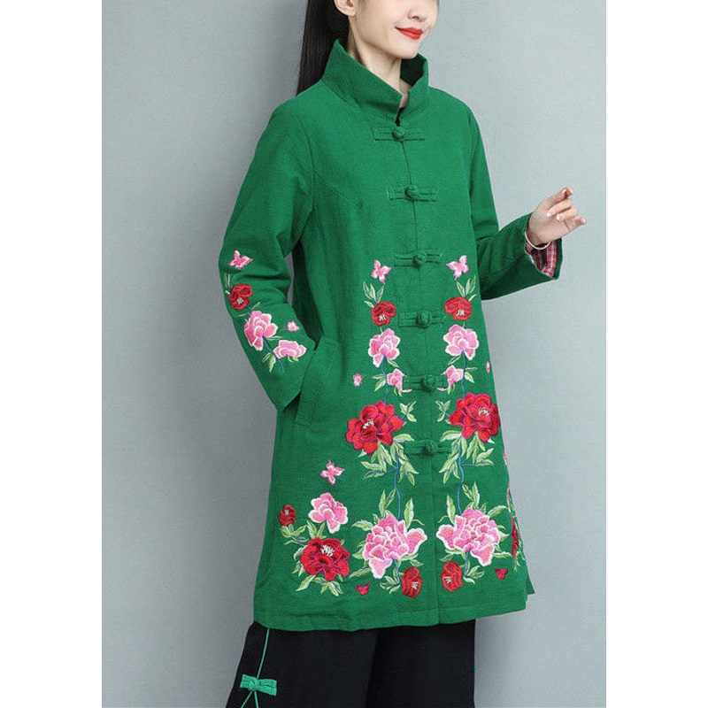 Bohemian Green Stand Collar Embroideried Cotton Coats Fall