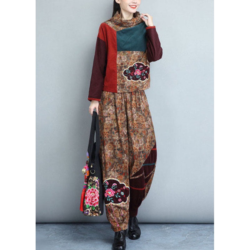 Bohemian Khaki Turtle Neck Embroideried Patchwork Corduroy Two Piece Set Outfits Winter