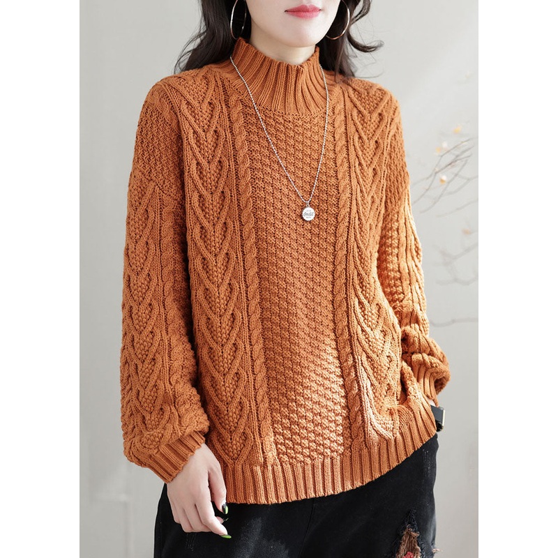 Bohemian Orange High Neck Chunky Oversized Cable Knit Sweater Winter