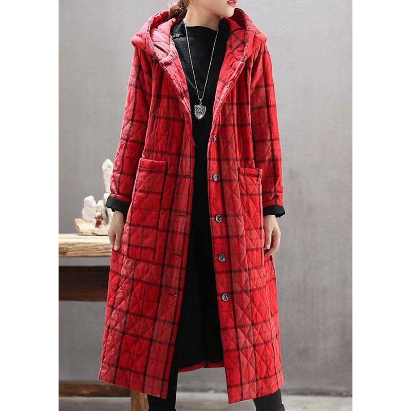 Bohemian Red Hooded Plaid Pockets Fine Cotton Filled Long Coat Outwear Winter
