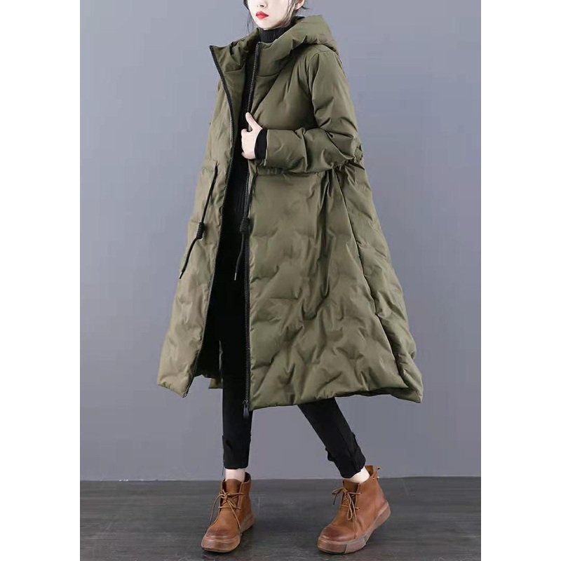 Boho Army Green Hooded Drawstring Side Open Thick Duck Down Down Coats Winter