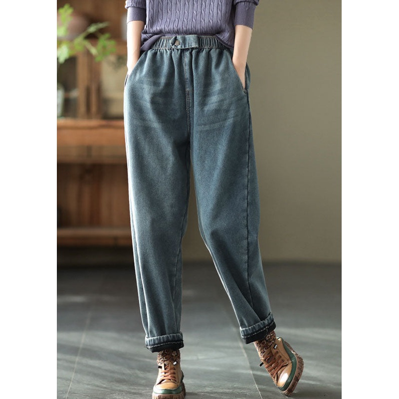 Boho Denim Blue Elastic Waist Pockets Thick Warm Fleece Harem Pants Winter