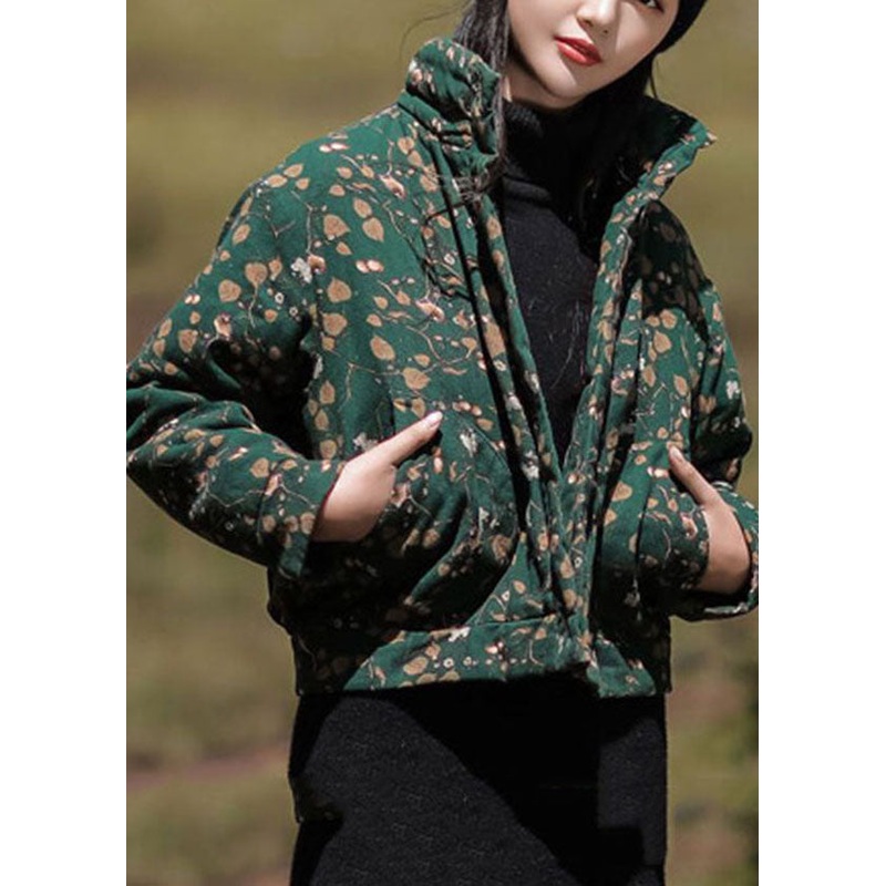 Boho Green Stand Collar Print Fine Cotton Filled Parka Winter