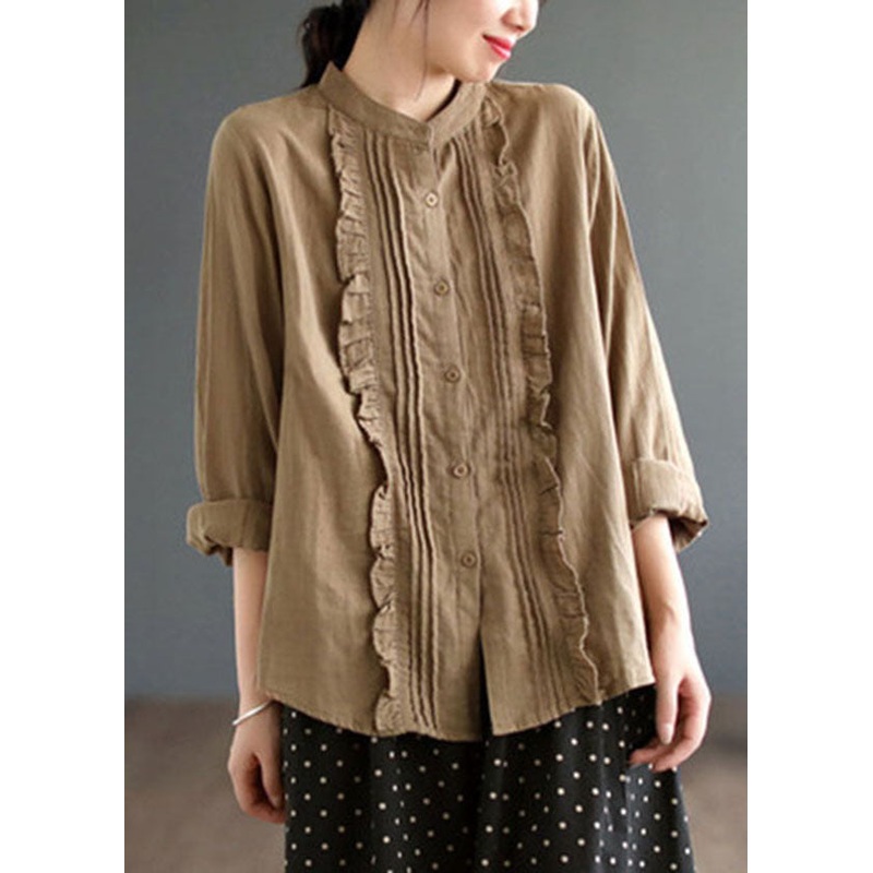 Boho Khaki Ruffled Solid Color Cotton Shirt Tops Spring