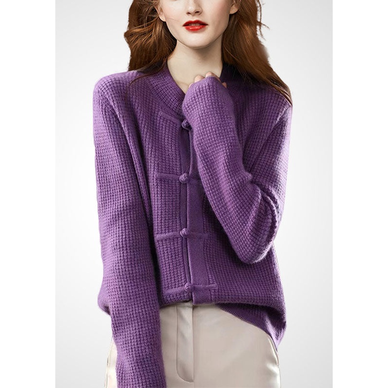 Boho Purple O-Neck Oriental Button Wool Knit Cardigans Winter