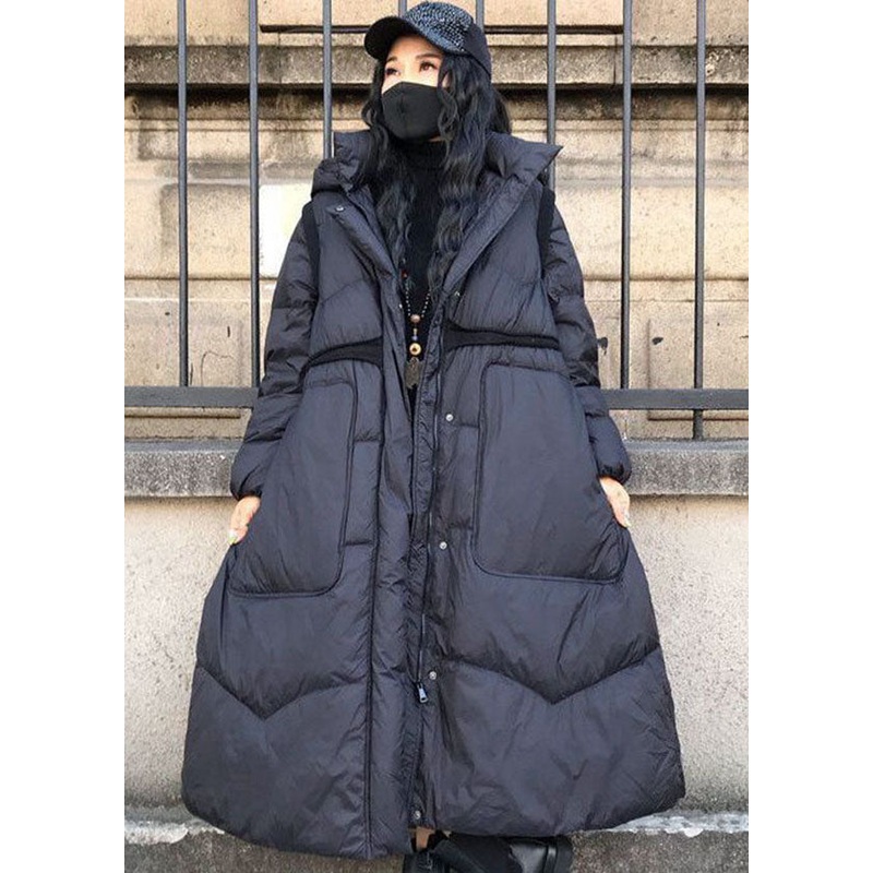 Boutique Black Stand Collar Hooded Drawstring Pockets Winter Coat