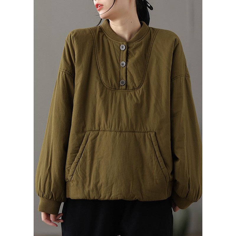 Boutique Brown Yellow Stand Collar Patchwork Pockets Fine Cotton Filled Parkaer Winter