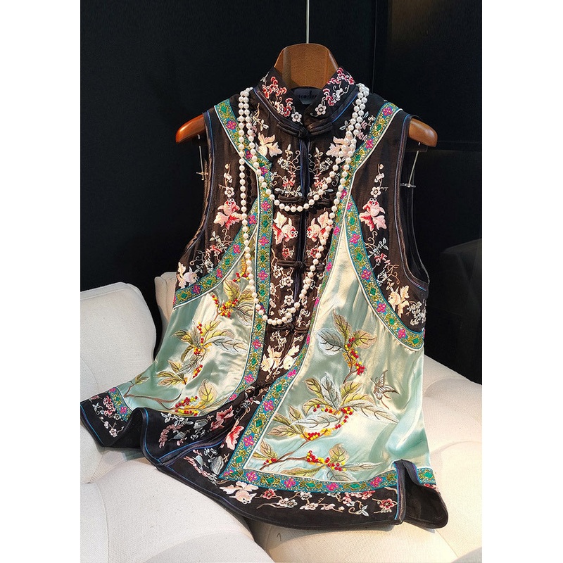 Boutique Green Stand Collar Embroideried Patchwork Nail Bead Button Silk Tops Sleeveless