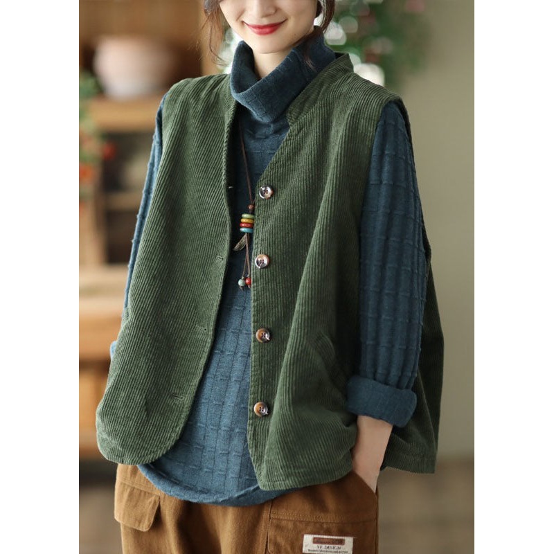 Boutique Green Stand Collar Solid Corduroy Vest Tops Fall
