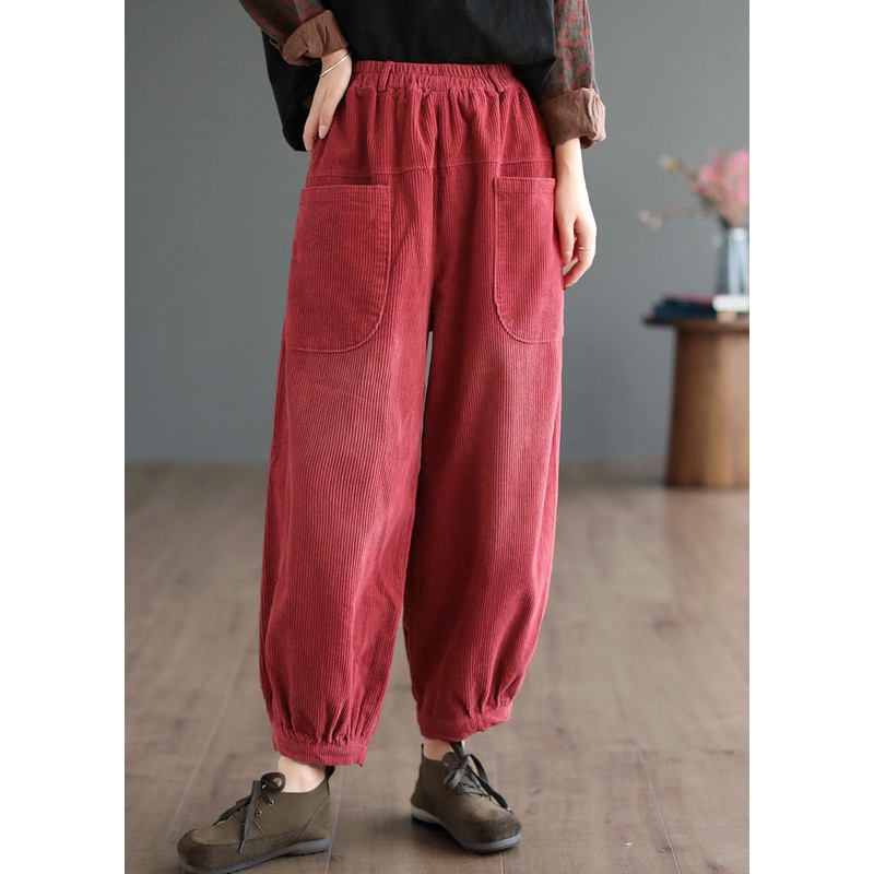 Boutique Red Elastic Waist Oversized Pockets Corduroy Pants Fall