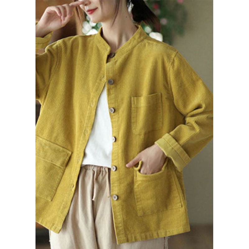 Boutique Yellow Stand Collar Pockets Solid Corduroy Coats Fall