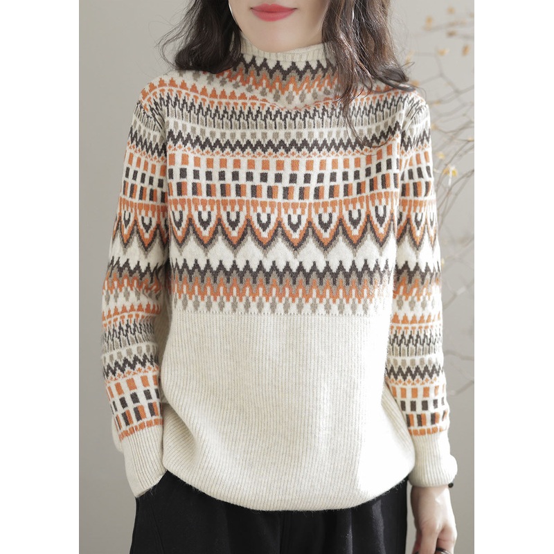 Casual Beige Turtle Neck Thick Print Knit Sweater Tops Winter